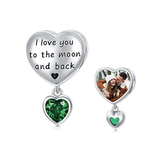 LONAGO personalizzato foto charm per le donne argento 925 pietra natale con ti amo fino alla luna e al ritorno charm perline (maggio)
