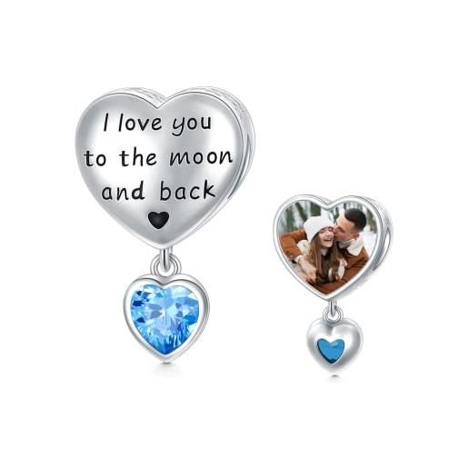 LONAGO personalizzato foto charm per le donne argento 925 pietra natale con ti amo fino alla luna e al ritorno charm perline (marzo)