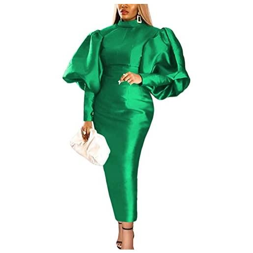ORANDESIGNE abito lungo donna abito di natale vestito tubino midi aderente slim vestiti manica a sbuffo abito con spacco elegante vintage abito da sera cocktail cerimonia a verde l