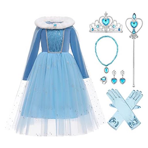 IBTOM CASTLE costume elsa frozen regina delle nevi congelata principessa vestito ragazza blu collare bianca velluto manica lunga mantello travestimento bambina abito azzurro - (1pc) 6-7 anni