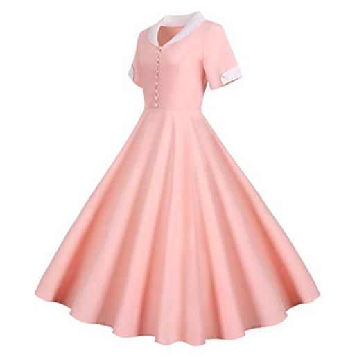 Vagbalena abito da donna vintage anni '50 a manica corta e lunga, collo a v, a vita alta, a trapezio, giallo, estate, ballo, cocktail, tinta unita, leggero, scollo a v, s, it