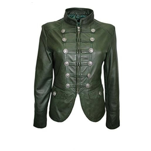 Smart Range giacca da donna in stile parata militare, in vera nappa, morbida e alla moda, colore verde scuro, effetto délavé green 48