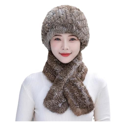 XUYUZUAU 2pcs cappello + sciarpa donne vera pelliccia di coniglio cappelli berretti scaldacollo caldo invernale