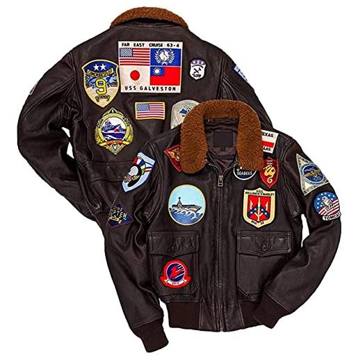 Ninetees Craft giacca da pilota in pelle vintage con pelliccia rimovibile airforce, giacca da pilota in stile bomber b3 ww2 navy con toppe usaaf in vera pelle, marrone originale, l