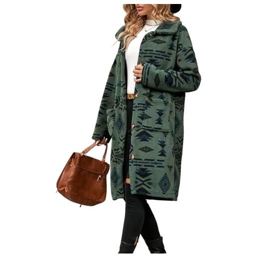 Bailey Xingqi donna inverno moda peluche cappotto lungo monopetto stile etnico stampato manica lunga fluffy cappotto(verde militare m)