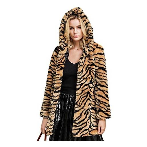 Runyue giacca da donna con cappuccio in morbida pelliccia sintetica, cappotto corto con 2 tasche, capospalla, invernale strisce di tigre 4xl