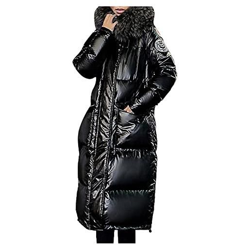 NHNKB piumino lucido da donna piumino da donna giacca nera da donna con cappuccio in pelliccia capispalla foderato in cotone lungo con cappuccio cappotti da tasca giacche cappotto da donna cappotto