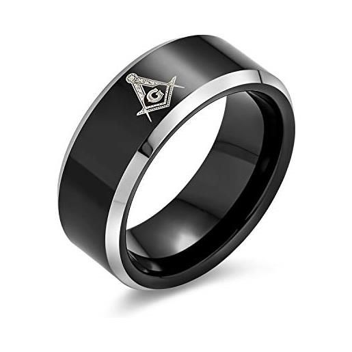Bling Jewelry laser inciso quadrato e bussola massone massone nero titanio banda anello per gli uomini comfort fit 8mm