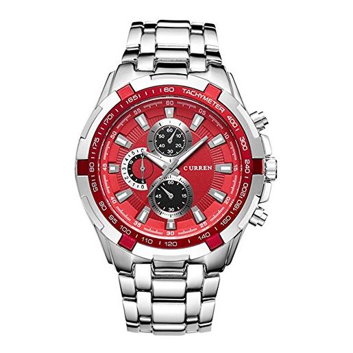 Curren 8023 - orologio da polso da uomo, sportivo, al quarzo, in acciaio inox, impermeabile silver red