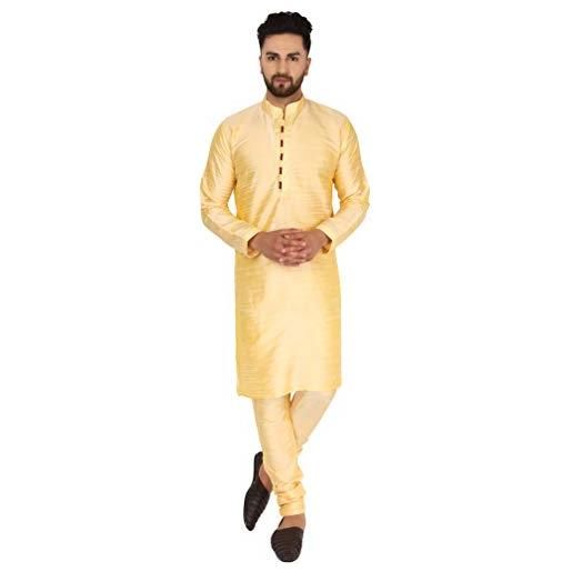 SKAVIJ uomo seta d'arte kurta pigiama set vestito tradizionale indiano marrone_xl