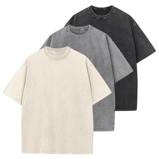 HOUZONIY 3pc t-shirt basic oversized a maniche corte, washed heavy t-shirt uomo, casual, per palestra, giornaliero(blu/grigio/nero m)