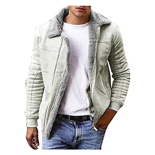 Kobilee giacca in pelle scamosciata da uomo, imbottita, calda e spessa, con colletto reversibile, bianco, xl