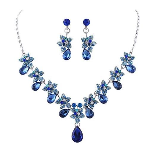 EVER FAITH set gioielli donna, cristallo austriaco ibisco fiore goccia collana orecchini set blu argento-fondo