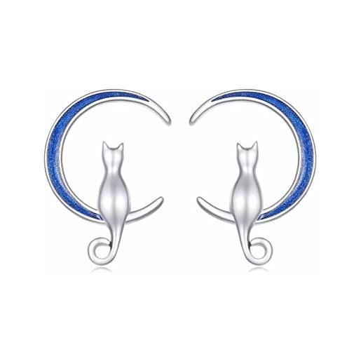 Qings orecchini gatto luna donna argento 925, orecchie gatto carino e luna blu orecchini animale regalo di compleanno per ragazze donna