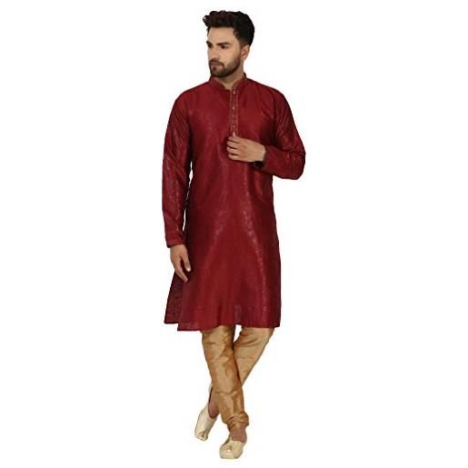 SKAVIJ set da uomo in seta kurta pigiama indiano tradizionale abito da festa di nozze, rosso, s