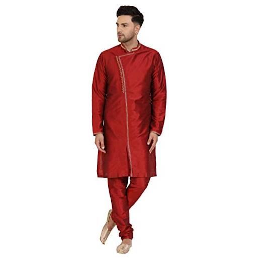 SKAVIJ uomo tunica seta d'arte kurta pigiama set abbigliamento etnico indiano oro_m