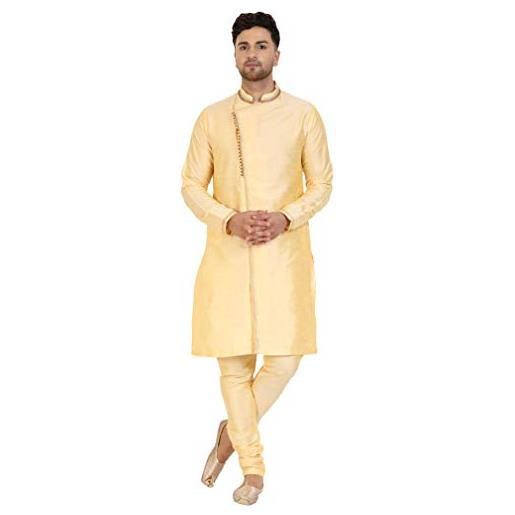 SKAVIJ uomo tunica seta d'arte kurta pigiama set abbigliamento etnico indiano nero_m