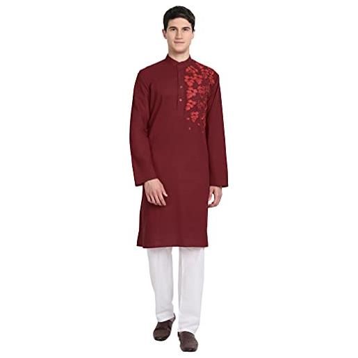 SKAVIJ uomo ricamo di foglie tunica pigiama abbigliamento indiano rosso l