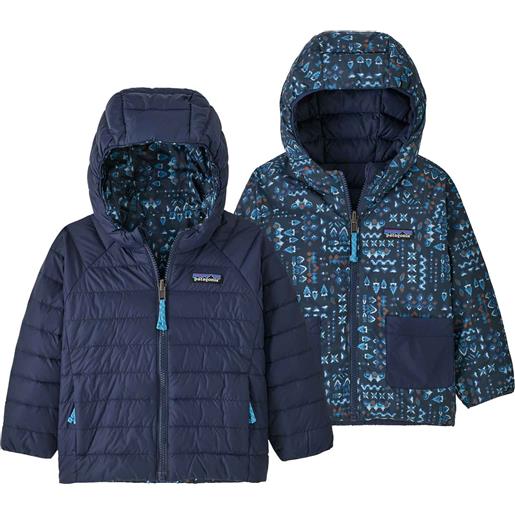 Patagonia - piumino reversibile - baby reversible down sweater hoody wandering woods tidepool blue in pelle - taglia bambino 2a, 3a