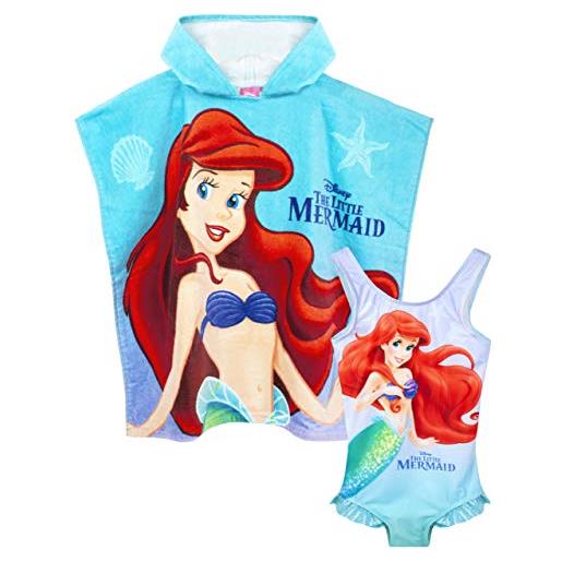 Disney the little mermaid girl - costume da bagno e asciugamano con cappuccio, 7-8 anni