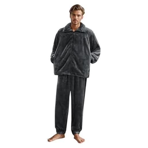 Gefomuofe pigiama da uomo in flanella, in pile, con cappuccio e pantaloni da sonno, in cotone, per l'inverno, in due pezzi, lungo, a maniche lunghe, per l'inverno, grigio. , xxxl
