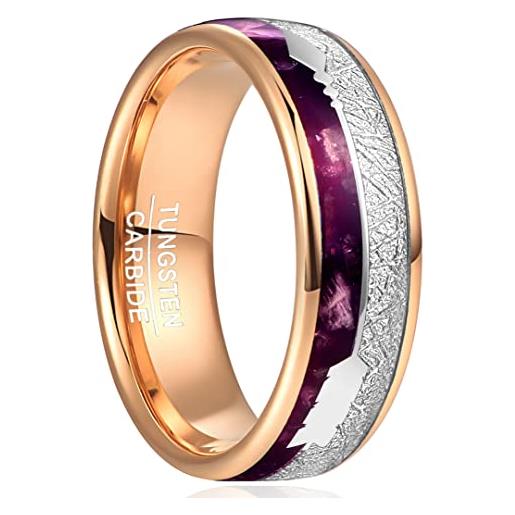 GALANI anello uomo donna oro rosa carburo di tungsteno 8mm anello di fidanzamento di nozze di promettere coppia di anelli con agata viola, meteorite e frecce taglia 17.5