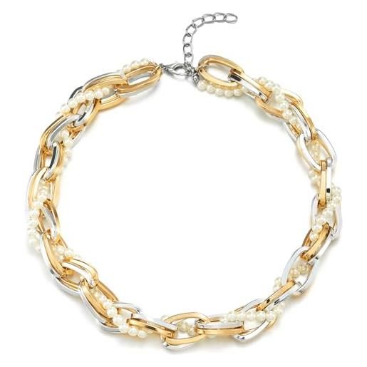 COOLSTEELANDBEYOND moda dichiarazione collana, oro argento catena intrecciata con stringa di perla, grande girocollo choker collana