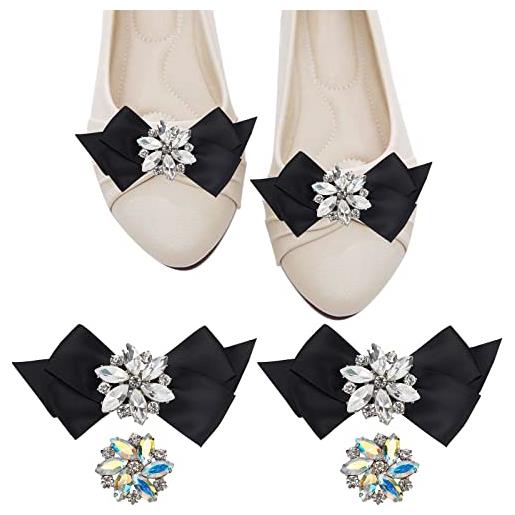 NBEADS 2 paio di fermascarpe con strass, 2 stili elegante fiore in lega di cristallo fermascarpe con fiocco clip per fibbia per la decorazione della scarpa accessori per fibbia matrimonio, nero
