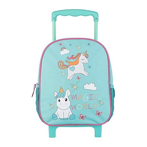 Idena 20069, zaino trolley con 2 ruote glitterate, per ragazze, motivo magico dell'unicorno, come valigia a mano, scolastico, per bambini, circa 31 x 27 x 10 cm, blu (turchese)