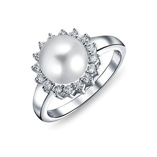 Bling Jewelry matrimonio tradizionale senza tempo anello di fidanzamento cocktail con solitario aureolato in cz e perla bianca simulata per donna. 925 sterling silver