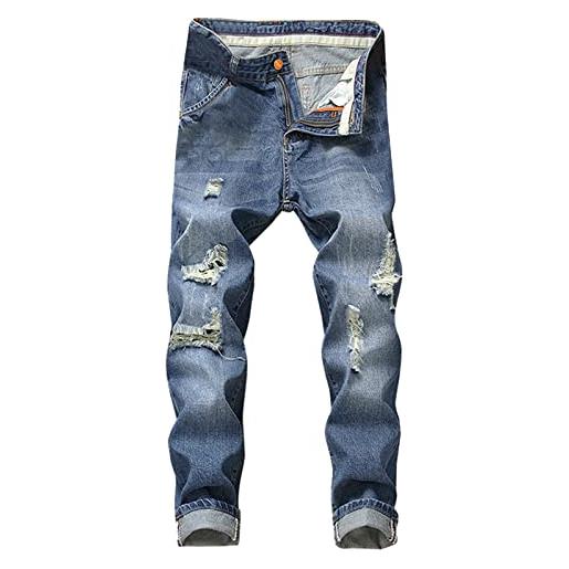 Xmiral jeans pantaloni uomini lunga moda casuale straight hole fibbia cerniera pantaloni denim pantaloni (l, 6- blu scuro)