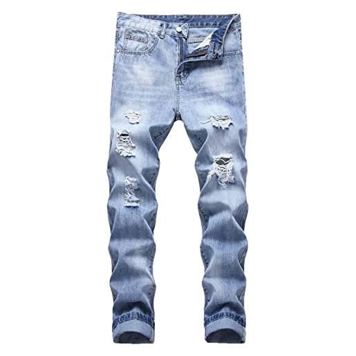 Xmiral jeans pantaloni uomini moda casuale straight hole fibbia cerniera denim pantaloni lungi (xl, 1- blu)