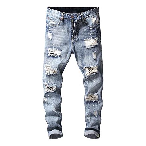 Xmiral jeans pantaloni uomini moda casuale straight hole fibbia cerniera denim pantaloni lungi pantaloni (l, 5- blu scuro)