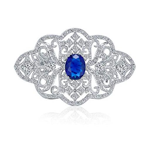 Bling Jewelry dichiarazione stile deco royal blue pave cz filigrana simulato zaffiro spilla per donne per madre argento placcato ottone