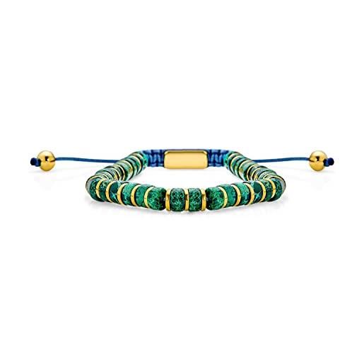 Bling Jewelry gemma naturale boho malachite verde scuro pietre chakra impilabili bracciale bolo distanziatori in acciaio inox placcati oro perline tubo rondel regolabile slider cord 7-9