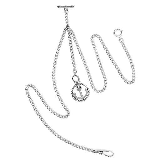 SUDESMO catena per orologio da tasca doppia albert con ancoraggio, design antico con 3 ganci, catena a t per uomo, argento