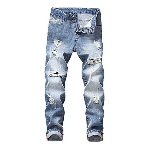 Xmiral jeans pantaloni uomini lunga moda casuale straight hole fibbia cerniera pantaloni denim pantaloni (xl, 7- blu scuro)