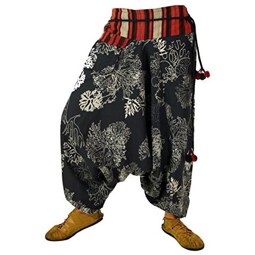 GURU SHOP guru-shop, pantaloni harem con ampia cintura intrecciata e tasca con frangia, pantaloni harem ikat thai, oliva, cotone, dimensione indumenti: 38, harem pantaloni aladdin pantaloni aladdin