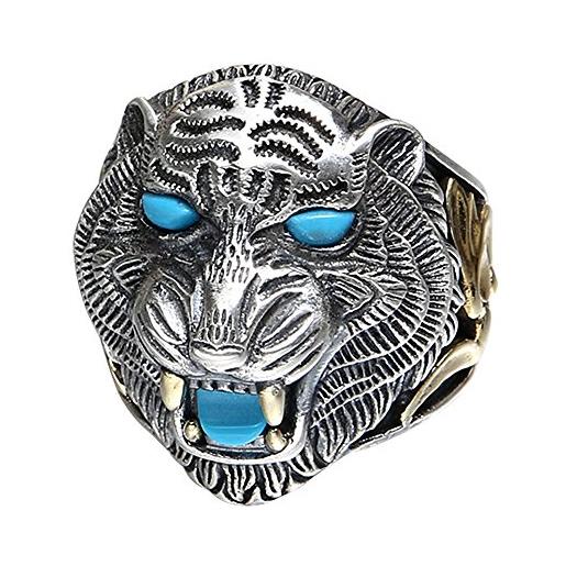 ForFox anello testa di tigre animale in argento sterling 925 bircolor con turchese blu per uomo ragazzo aperto regolabile