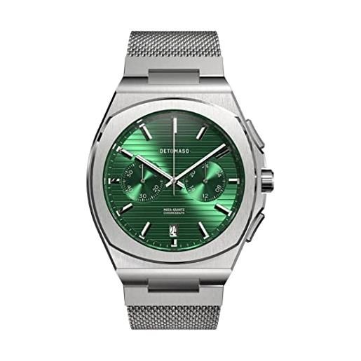 De. Tomaso voltre chrono first edition green green orologio da polso da uomo, analogico, al quarzo, maglia milanese, argento, verde, bracciale