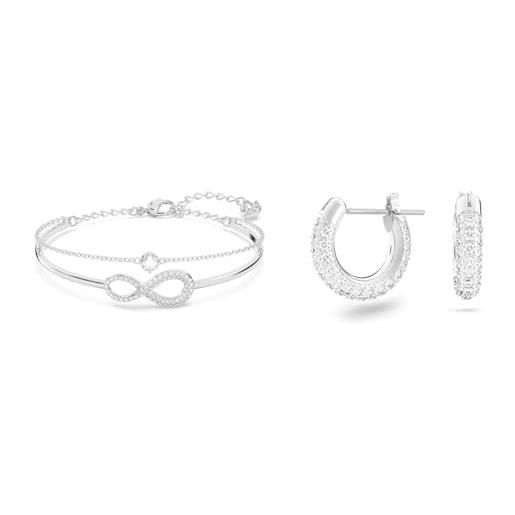 Swarovski infinity bracciale rigido con catena morbida abbinata e zirconia & orecchini a cerchio stone, pavé, piccoli, bianchi, placcato rodio