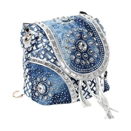 Alice Fan borsa in denim jean tote bag moda donna borsa multifunzionale zaino borsa a tracolla con diamante e nappa, argento, 8.3 inches, zaino in denim multifunzionale