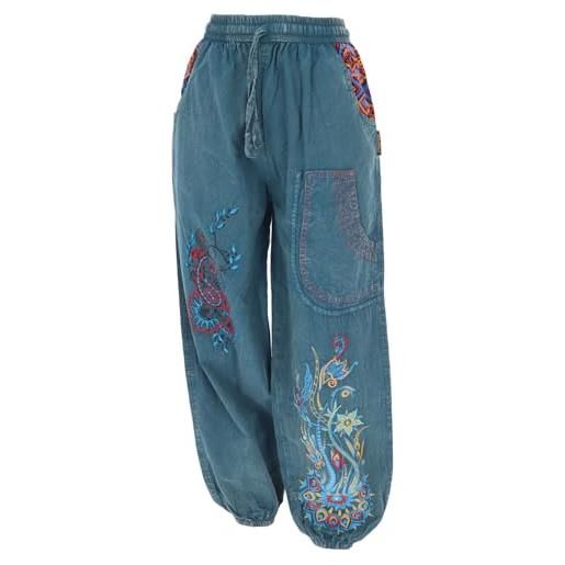 GURU SHOP pantaloni larghi a vita larga, ricami mandala, da donna, in cotone, blu jeans, 48