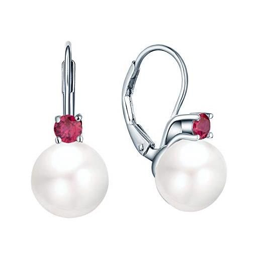JO WISDOM orecchini di perle in argento 925 donna con perle d'acqua dolce da 10 mm con 3a zirconia cubica luglio birthstone colore rubino