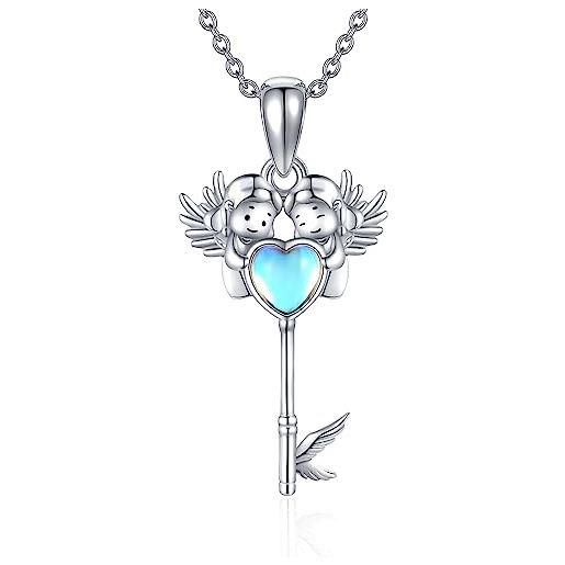 VENACOLY catena chiave in argento sterling 925 con ciondolo a forma di angelo e chiave, con pietra di luna, regalo per donna, argento sterling