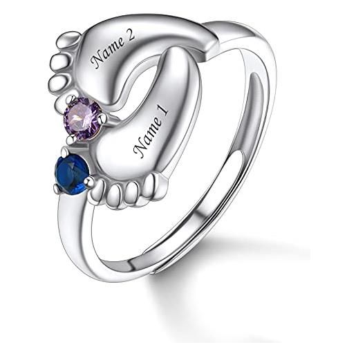 Custom4U anello personalizzato baby feet birthstone anello in argento sterling inciso con anelli con nome per bambini per la nuova mamma