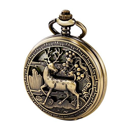 TREEWETO vintage orologio da tasca meccanico doppia copertura caso cava scheletro steampunk cervo caso uomo donna, bronzo