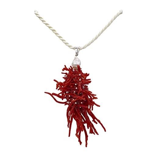 sicilia bedda - collane in corallo rosso del mediterraneo - gioielli argianali realizzati a mano (collana ciondolo con frangia e perle di fiume)