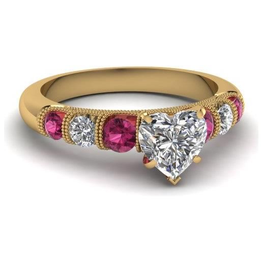 CaratYogi insolito anello con diamante a u placcato oro giallo zaffiro rosa sintetico cuore forma anelli di fidanzamento vintage impostazione della barra taglia 58
