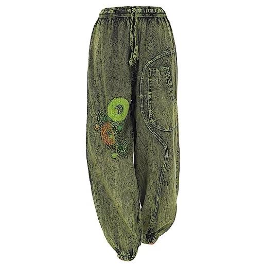 GURU SHOP pantaloni ricamati aladin, in cotone, stonewash pluder, pantaloni da yoga, da donna, in cotone, abbigliamento alternativo, verde, 46